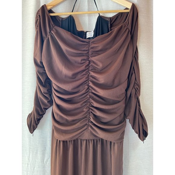 Tanya Taylor Marla Ruched Maxi Fit and Flare Dress Off Shoulder Mocha Brown 18 - Picture 3 of 16